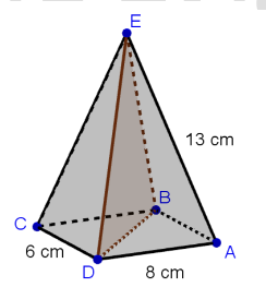 <p>Limas E.ABCD berikut memiliki alas persegi panjang dengan ukuran CD = 6 cm, AD = 8 cm dan rusuk-rusuk tegak nya 13 cm. Luas segitiga BDE = ... cm2</p> -  BANK SOAL SD